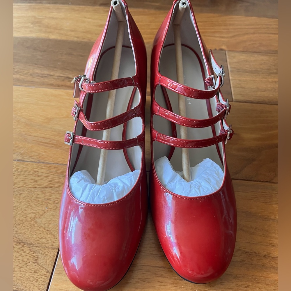 Charles and Keith triple buckled Red Mary Janes with Cylindrical Heels